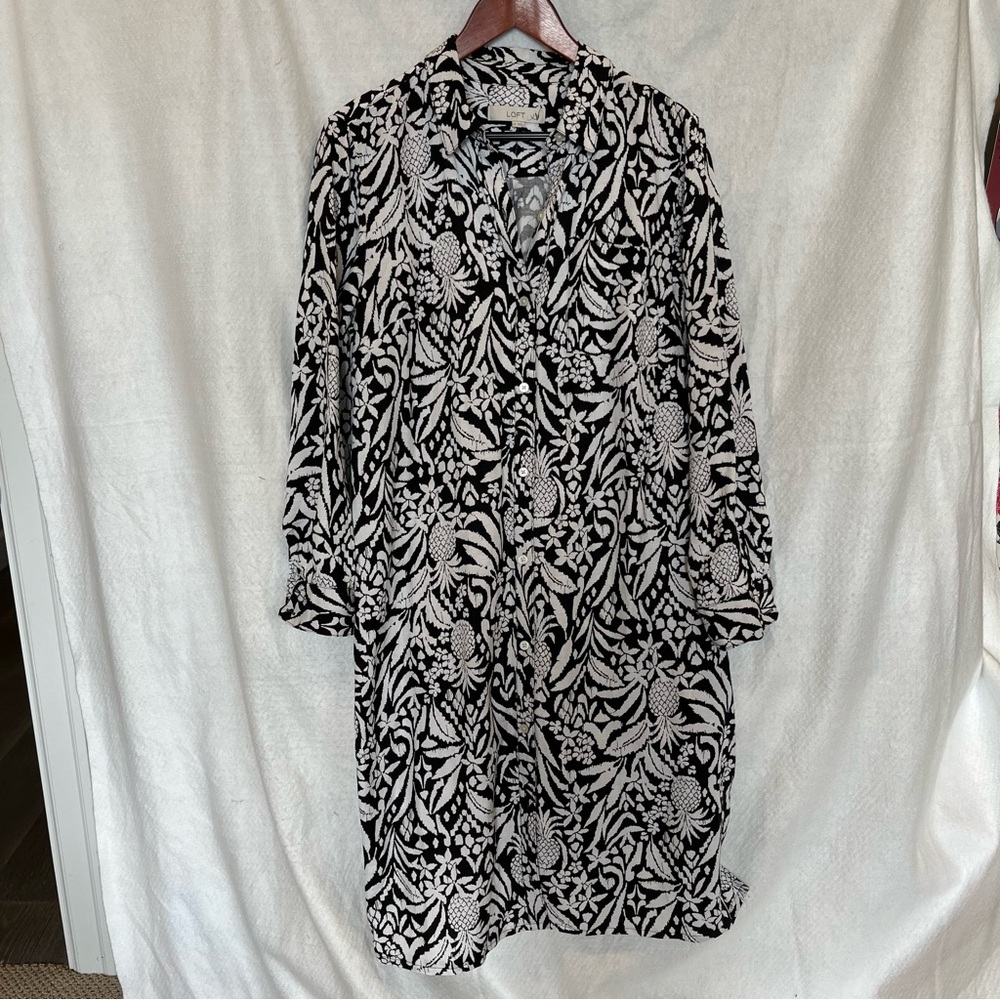 LOFT linen shirt-dress 12 black white long sleeved, Ann Taylor  medium M